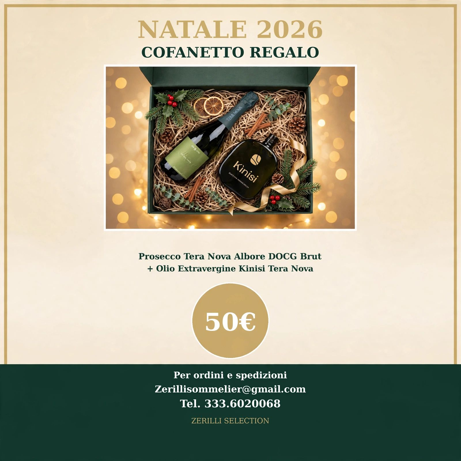Confezione regalo Natale 2026 con Prosecco Tera Nova e olio extravergine Kinisi